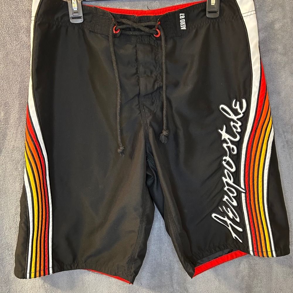 Aeropostale Mens 34W Board Shorts Sunset Stripe Black Retro Swim Trunks